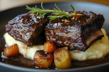 polędwica wołowa, duszone żeberka, redukcja z czerwonego wina, puree ziemniaczane, pieczone warzywa, czosnkowe puree, szalotka, rozmaryn, elegancka kuchnia, wykwintna kuchnia, danie mięsne, luksusowe 