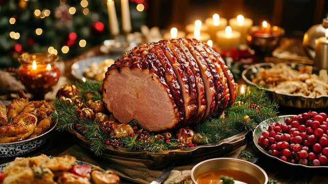 Christmas Eve dinner with a roasted ham centerpiece, surrounded by festive side dishes, candles, and holiday decorations. . Video