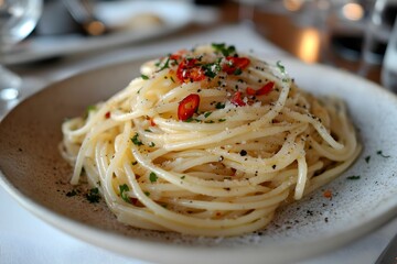 spaghetti aglio e olio, makaron spaghetti, oliwa z oliwek, czosnek, peperoncino, natka pietruszki, danie włoskie, wykwintna kuchnia, kuchnia śródziemnomorska, kuchnia europejska, minimalizm, elegancka
