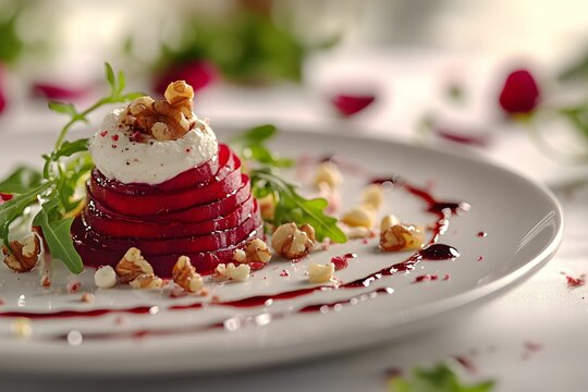 carpaccio z buraka, cienkie plastry, burak, kozi ser, rukola, orzechy kandyzowane, biały talerz, minimalistyczna prezentacja, elegancja, smakowite danie, balsamiczna glazura, kuchnia restauracyjna, ku