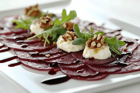 carpaccio z buraka, cienkie plastry, burak, kozi ser, rukola, orzechy kandyzowane, biały talerz, minimalistyczna prezentacja, elegancja, smakowite danie, balsamiczna glazura, kuchnia restauracyjna, ku