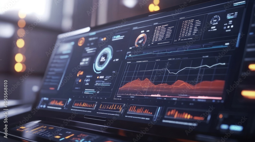 Aufkleber Futuristic digital dashboard with graphs and charts over a blurred background, interactive concept for data representation
