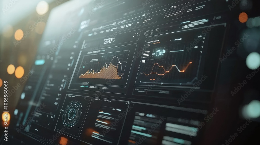 Aufkleber Futuristic digital dashboard with graphs and charts over a blurred background, interactive concept for data representation