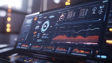 Fototapeta premium Futuristic digital dashboard with graphs and charts over a blurred background, interactive concept for data representation