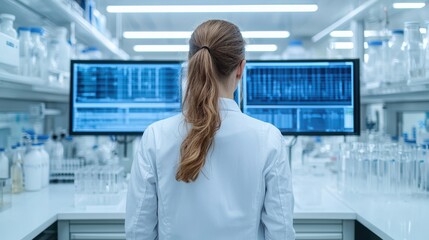 A woman in a lab coat stands before large screens displaying data in a modern laboratory, surrounded by lab equipment and glassware.