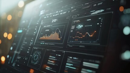 Obraz premium Futuristic digital dashboard with graphs and charts over a blurred background, interactive concept for data representation