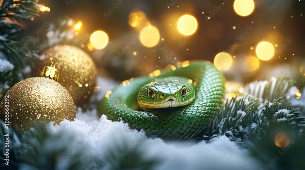 Poster a green snake is curled up in a snowy christmas tree with golden ornaments. the snake is in the cent