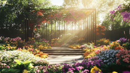 Obraz premium Garden stage with colorful floral display, surrounded by greenery and sunlight, perfect for festive events