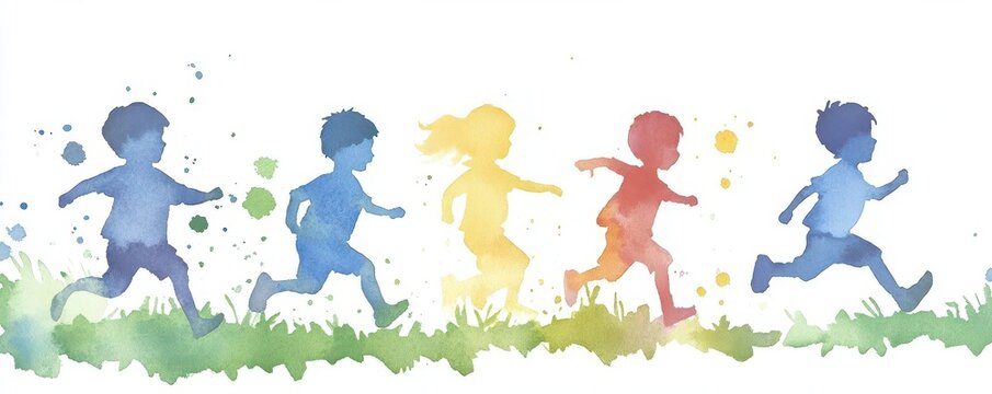 Watercolor silhouettes of children running freely with splashes of vibrant colors, Freedom of Childhood, joy and rights