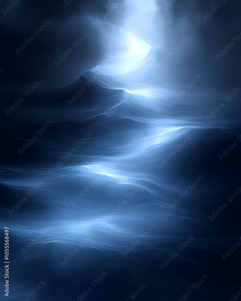 Poster a mesmerizing deep blue ocean scene, capturing the soft, flowing waves illuminated by ethereal light
