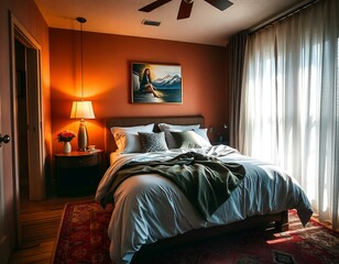 mid century scandinavian interior design of modern bedroom with colorful multicolored furniture