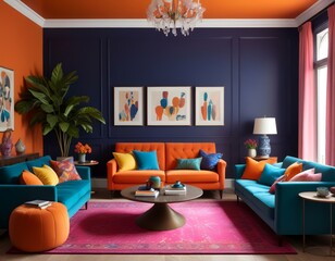 mid century scandinavian interior design of modern living room with colorful multicolored furniture