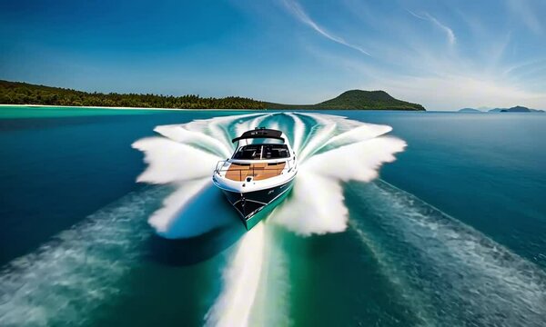 speedboat gliding over crystal-clear water, creating white trails. Tropical ocean setting under a bright blue sky