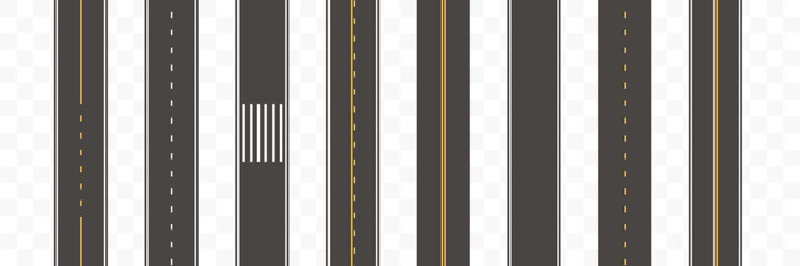Set of Roadway Path Construction. Asphalt roads collection. Seamless straight streets. Vector illustration