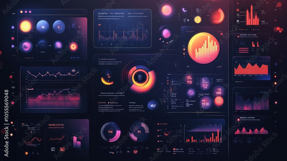 Poster Modern interface with statistical charts, icons, and timeline elements on a hazy background, ideal for tech websites
