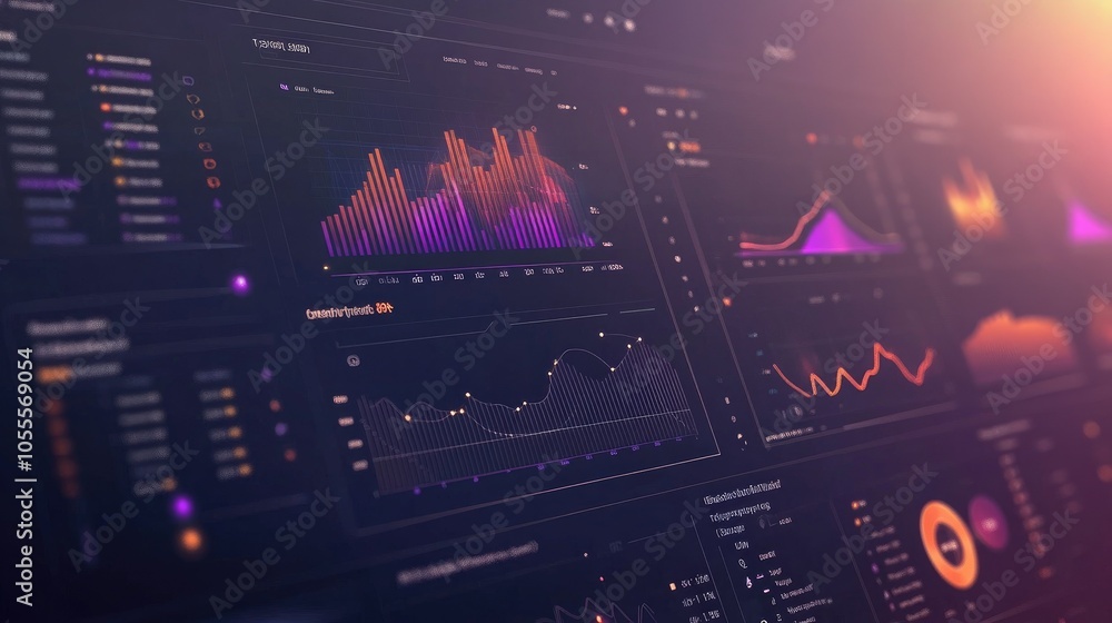 Poster Modern interface with statistical charts, icons, and timeline elements on a hazy background, ideal for tech websites