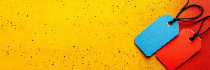 A vibrant background features blue and red tags, highlighting a playful and creative theme.