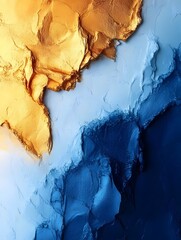 Naklejka premium A stunning abstract close-up showcasing textured layers in golden and blue tones, creating a harmonious blend of light and depth, perfect for modern decor.