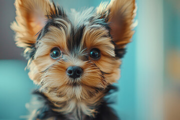 A curious puppy with fluffy ears gazes at the camera in a cozy indoor setting during the afternoon