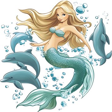 A cartoon merrow (mythical mermaid) swimming with dolphins on a white background.