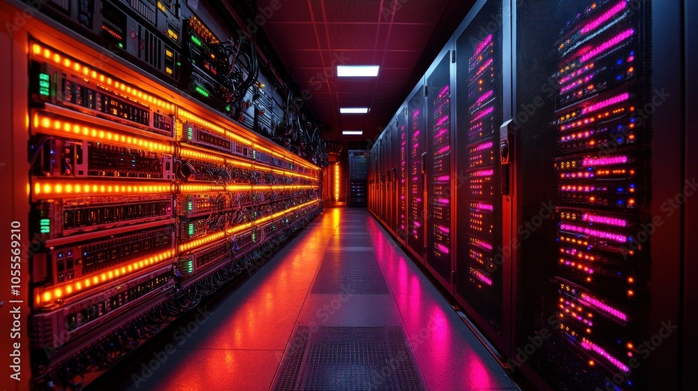 Poster server racks illuminated with neon lights in a data center