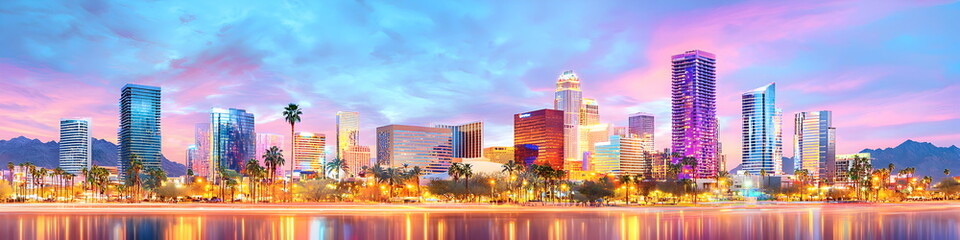 A city skyline with a large body of water in the background