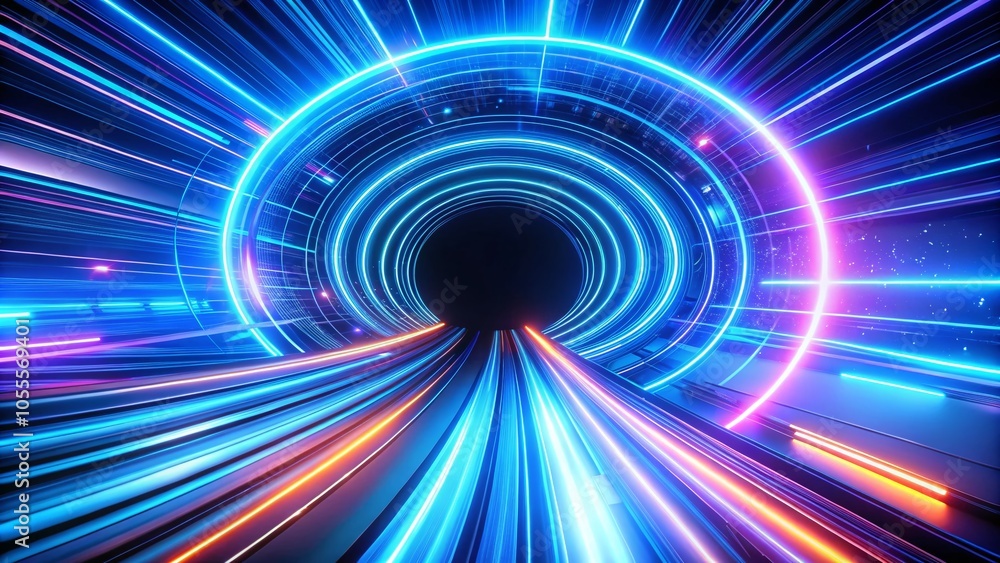 Poster vibrant neon speed lines in circle shape with luminous blue light effects for dynamic designs
