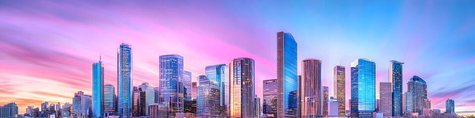 A city skyline with a purple sky in the background