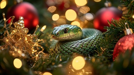 Fototapeta premium A striking green snake is coiled amidst lush greenery, intertwined with red ornaments and glowing lights, creating a festive atmosphere for the holiday season. The scene radiates holiday cheer.