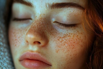 Fototapeta premium A close-up of a young woman with freckled skin resting peacefully in soft, natural light during a calm afternoon