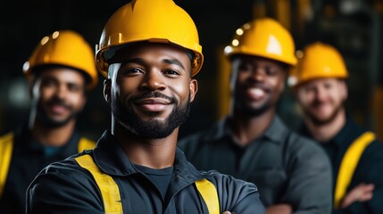 Obraz premium A team of confident construction workers posing proudly at a job site during the day