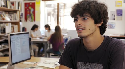 A Latin American man working creatively at his computer in an office environment, with colleagues moving in the background, highlighting workplace dynamics and collaboration