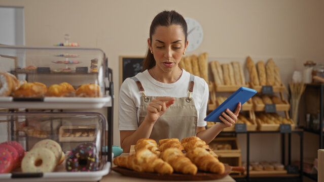 Young woman brunette working in a bakery shop indoors holding tablet and pointing at the pastries