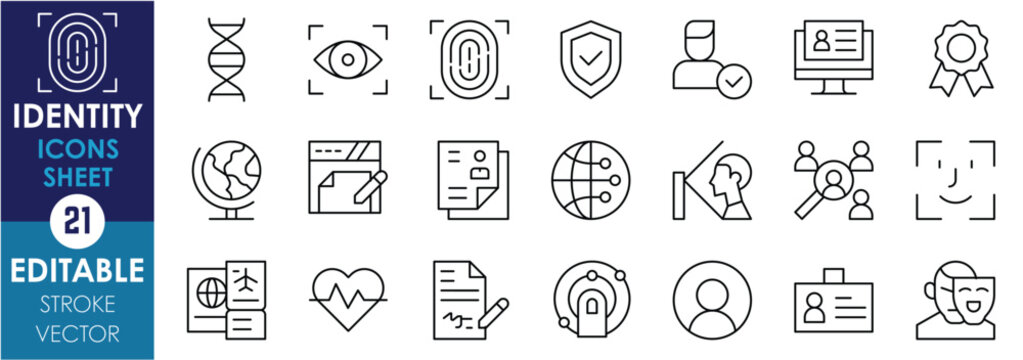 A set of line icons related to Identity. Fingerprint, DNA, eye, scan, face, mask, global, passport, ID card, digital signature, badge, and so on. Vector editable stroke.