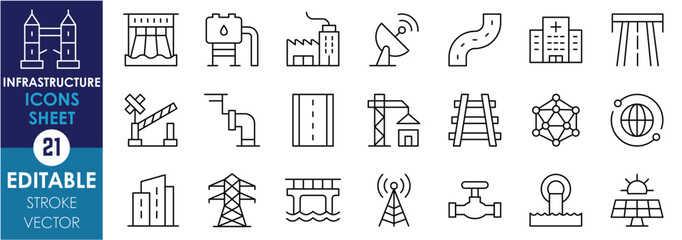 A set of line icons related to Infrastructure. Dam, building, hospital, road, pipeline, power lines, network, bridges, railway, and so on. Vector editable stroke.