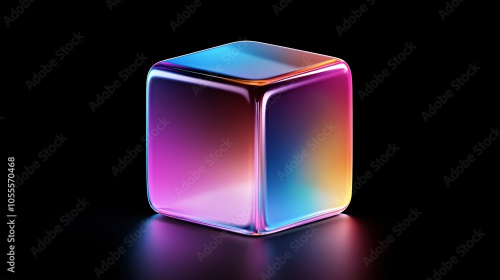 Poster futuristic iridescent cube with neon glow - holographic patterns and sharp edges reflecting on metal