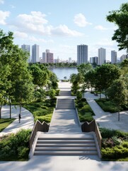 Serene Green Riverside Park: Scenic Walkways Embracing Natural Beauty by the Water