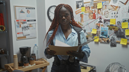 African american woman detective analyzing documents in a cluttered investigation office room.