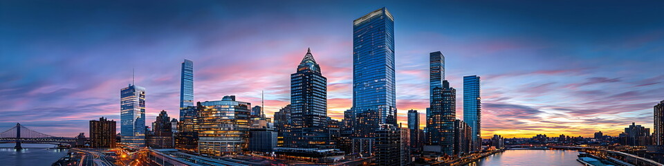 Obraz premium A city skyline with a sunset in the background