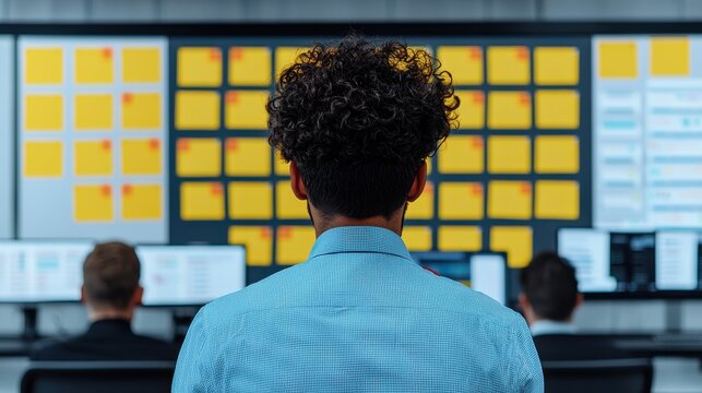 A person with curly hair views a wall covered in yellow notes, surrounded by computers, suggesting a collaborative or brainstorming environment.
