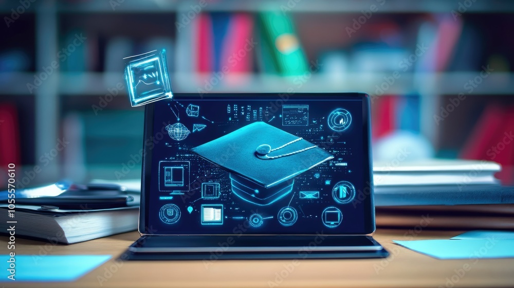 Aufkleber tablet screen displaying webinar and course symbols, concept of digital education with futuristic te