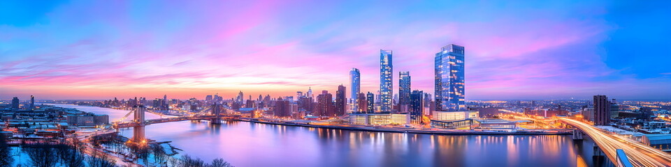 A city skyline with a river in the background