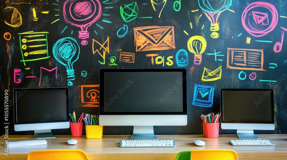 Poster Virtual classroom concept with computer and digital learning icons, vibrant colors, representing modern education technology