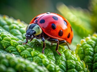 Fototapeta premium Vibrant Red Ladybug on Green Plant - Macro Food Photography