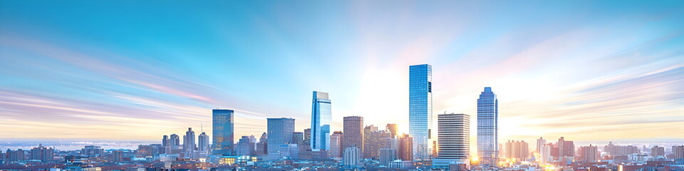 A city skyline with a large building in the middle