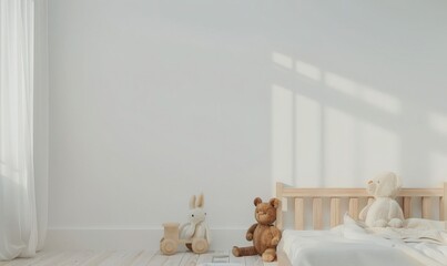 A minimalist nursery with a white wall. wooden floor. and a bed with white linens Two stuffed animals are sitting on the floor Sunlight is streaming in through the window