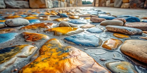 Vibrant Stone Floor with Stain Paint in Blue, Yellow, and White - Textured Landscape Photography