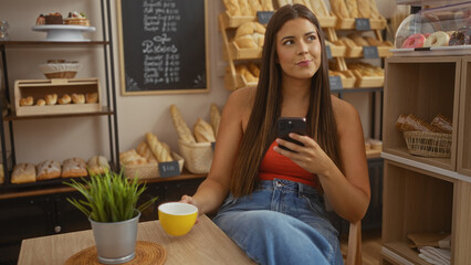 Woman enjoying coffee at bakery while using cellphone, surrounded by fresh bread and pastries