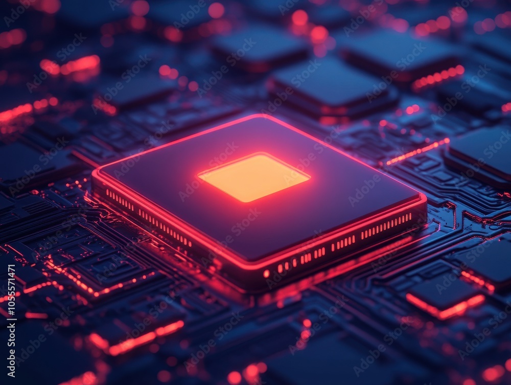 Poster close-up of a futuristic microchip with glowing red accents on a circuit board, showcasing advanced 