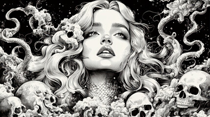 Fototapeta premium Artistic expression of a body positive mermaid with skull elements in engraved style